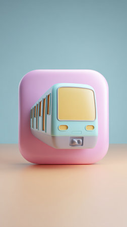 A charming illustration of a train icon on a soft pink square, perfect for design.の素材