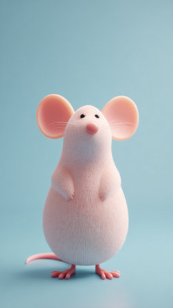 A charming illustration of a pink mouse with large ears and a cute expression, standing on a blue background.の素材