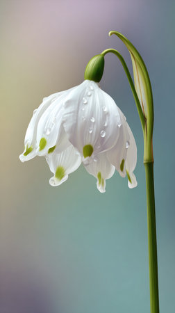 A close-up photograph of a white flower with green markings and water droplets, set against a soft, blurred background.の素材