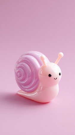 A charming pink snail figurine with a spiral shell, set against a soft pastel pink backdrop, creating a whimsical and adorable scene.の素材