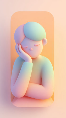 A 3D rendered illustration of a person with closed eyes, resting their head on their hand, in pastel colors.の素材
