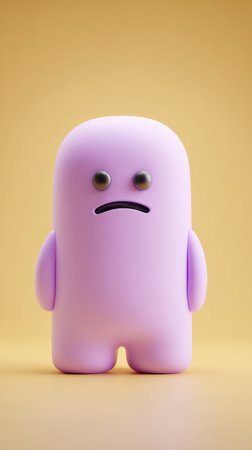 A cute purple character with a sad expression stands on a yellow background.の素材