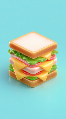 A close-up of a tasty sandwich with layers of cheese, ham, and lettuce, placed on a blue surface.の素材