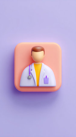 A 3D rendered doctor icon on a peach square with a purple background.の素材
