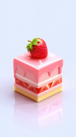 A square strawberry cake with a fresh strawberry on top. Layers of cake and cream.の素材