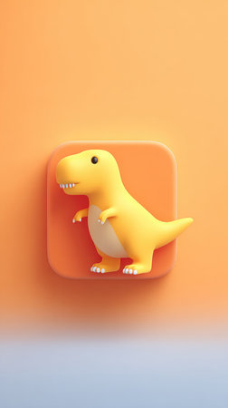 A charming yellow dinosaur toy against an orange backdrop, perfect for playful designs.の素材