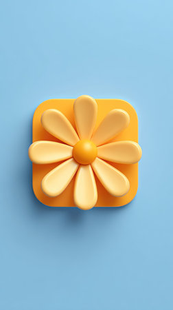 A close-up shot of a daisy flower on an orange square against a blue background.の素材