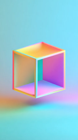 A colorful cube floats against a gradient background, creating a visually appealing abstract composition.の素材