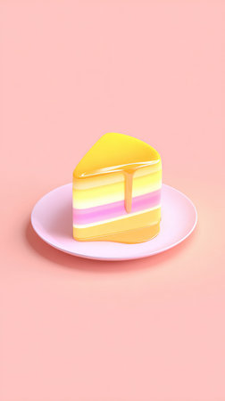 A colorful slice of cake with multiple layers on a plate. The cake has yellow, pink, and white layers.の素材