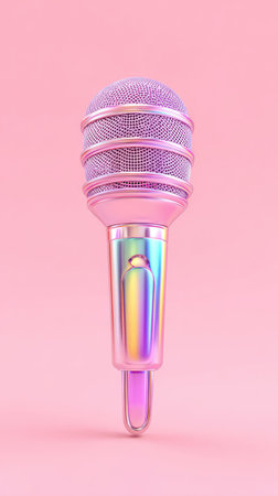 A stylish microphone, perfect for studio recording, set against a soft pink backdrop. Ideal for music, podcasts, and voiceovers.の素材