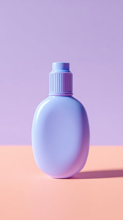 A minimalist studio shot of a lavender-colored bottle, set against a peach surface and a purple backdrop.の素材
