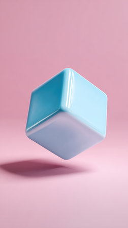 A vibrant blue cube levitates against a soft pink backdrop, creating a visually appealing minimalist composition.の素材