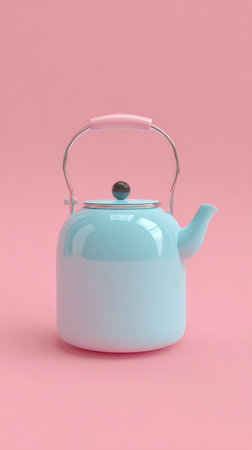 A stylish blue teapot with a handle, set against a soft pink backdrop, perfect for tea lovers.の素材