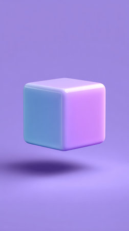 A minimalist 3D rendering of a floating cube, showcasing a gradient of pastel colors against a soft purple backdrop.の素材