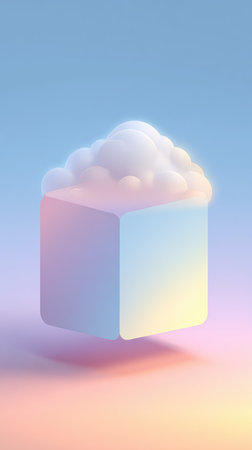 A surreal image of a floating cube with a cloud on top, rendered in soft pastel colors.の素材