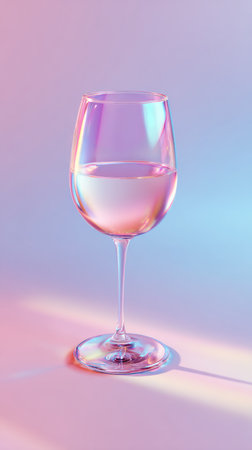 A beautifully lit wine glass filled with a clear liquid, set against a soft, gradient background of pink and blue.の素材
