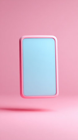 A minimalist image of a tablet with a pink frame floating in the air against a pink backdrop.の素材