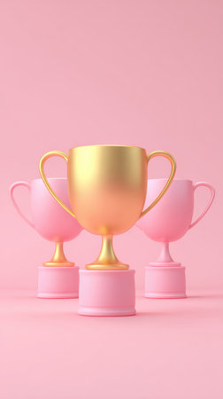 A stunning image of golden trophies on a pink background, symbolizing success, achievement, and recognition.の素材