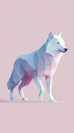 A digital illustration of a geometric wolf, rendered in pastel colors, set against a soft pink backdrop.の素材