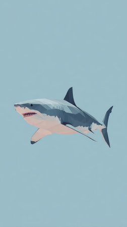 A detailed illustration of a great white shark, showcasing its powerful form and predatory nature in the ocean.の素材