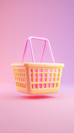 A yellow shopping basket floating against a gradient pink background, perfect for e-commerce.の素材