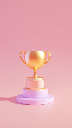 Gold trophy on a pink podium, representing achievement and success, perfect for awards and recognition.の素材