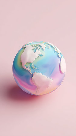 A vibrant, iridescent globe rests on a soft pink surface, showcasing a colorful representation of Earth.の素材