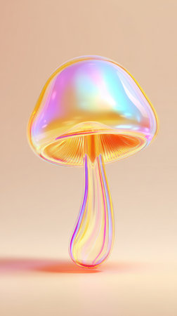 A beautiful, iridescent glass mushroom against a soft, pastel background. The image is focused and well-lit.の素材