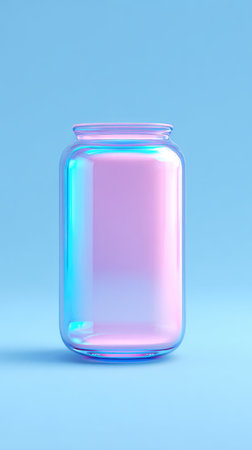 A clear glass jar with an iridescent finish, set against a light blue backdrop.の素材
