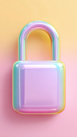 A vibrant, iridescent padlock against a soft, gradient background. Symbolizes security and protection with a modern, colorful aesthetic.の素材