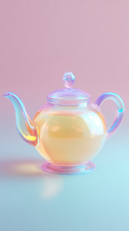 A beautiful, iridescent glass teapot against a soft, pastel-colored backdrop. The teapot is the focal point, showcasing its unique color and design.の素材