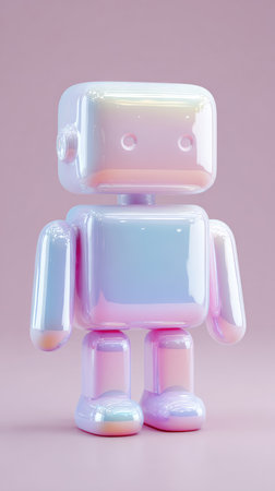A shiny, colorful robot toy with a pearlescent finish stands on a pink backdrop.の素材