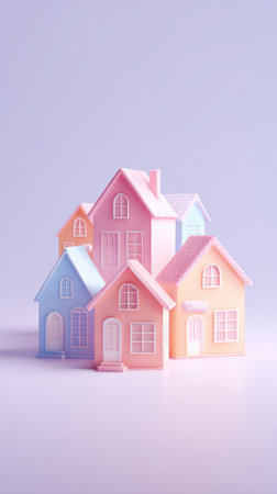 A delightful image showcasing a cluster of miniature houses in soft pastel hues, creating a whimsical and inviting atmosphere.の素材