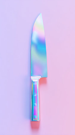 A close-up shot of an iridescent knife on a pastel pink and purple background. The knife is the focal point.の素材