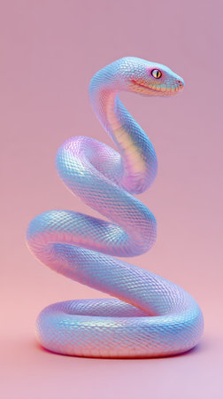 A beautiful iridescent snake coiled upward against a soft pink backdrop.の素材