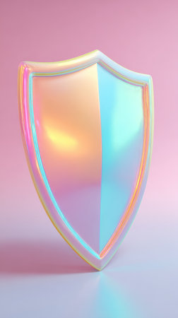 An iridescent shield, symbolizing protection, security, and defense. The image showcases a colorful, reflective surface.の素材