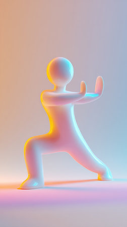 A serene figure in a focused stance, bathed in colorful light, embodying balance and mindfulness.の素材