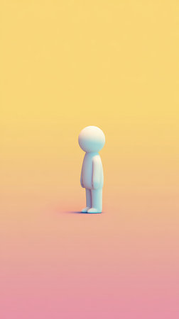 A small, white, minimalist figure stands in profile against a soft, gradient background of yellow and pink.の素材