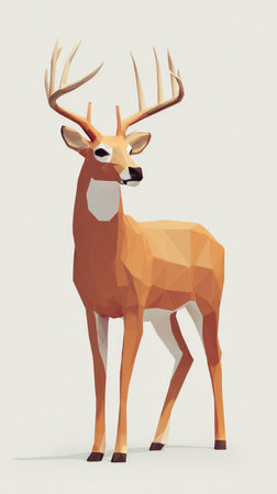 A stunning low poly illustration of a deer, showcasing its antlers and elegant posture against a neutral background.の素材