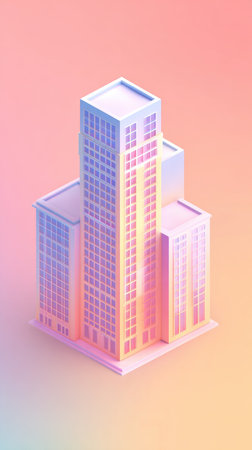 An isometric illustration of a city building rendered in soft pastel colors.の素材
