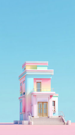 A vibrant, pastel-colored house with a minimalist design, set against a clear blue sky and pink ground.の素材