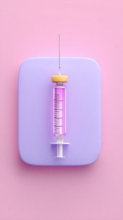 A medical syringe filled with pink liquid, placed on a purple background, perfect for medical or healthcare themes.の素材