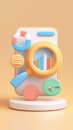 A 3D rendered illustration of a mobile phone with data analysis elements.の素材