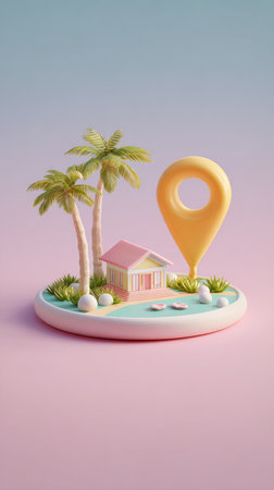 A charming island scene with a house, palm trees, and a location marker, perfect for travel.の素材