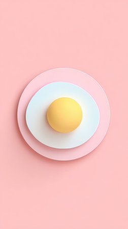A minimalist image featuring a fried egg on a stack of pink and white plates, creating a simple and clean composition.の素材