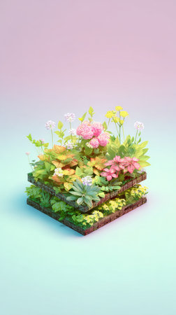 A captivating miniature garden, showcasing layered flora with vibrant colors and textures, creating a visually appealing composition.の素材
