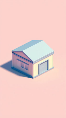 A simple illustration of a house with a light blue roof and a pink background.の素材