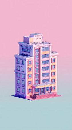 A colorful illustration of a modern building, showcasing architectural design and urban aesthetics.の素材