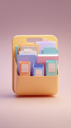 A vibrant illustration of office supplies neatly arranged, perfect for design and business.の素材