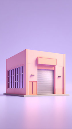 A modern building with a roller door and windows, rendered in a soft pastel color palette.の素材